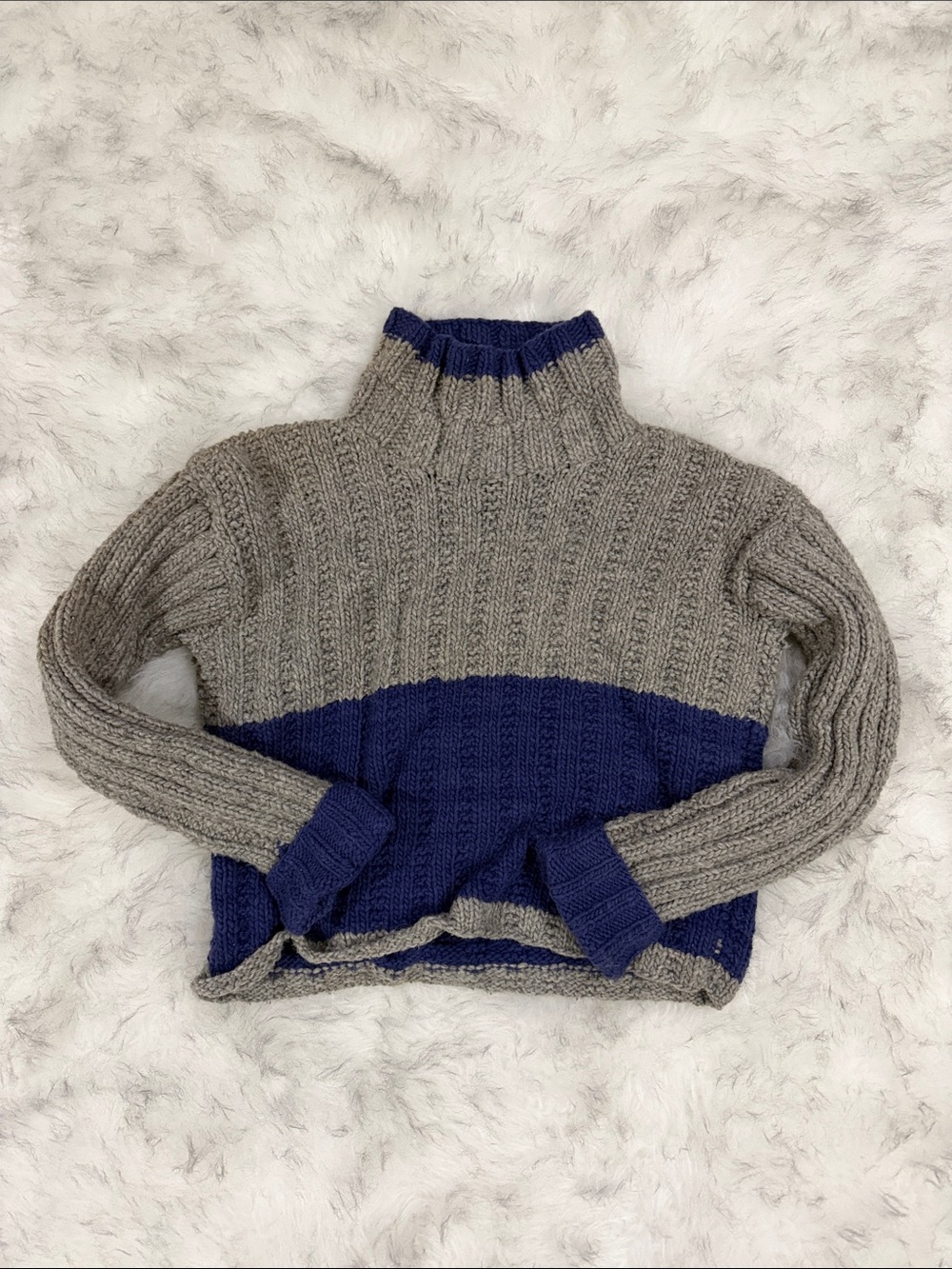 Vintage Pure Handknit Color Block Turtleneck Sweater Color Block Wool Sweater